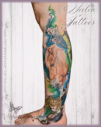 Seelentiere Tattoo, Farbrealisches Tattoo, realistic Tattoo, Pferde Tattoo, Wellensittich Tattoo, Löwe cover up